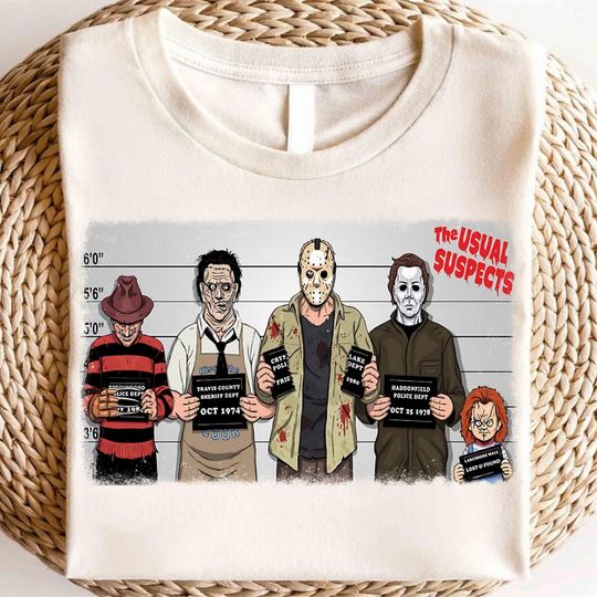 Horror Villains Mugshot Tee, Funny Slasher Movie Shirt, Scary Killer Group, Halloween Horror T-Shirt for Horror Fans
