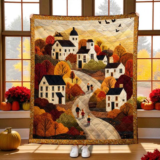 Fall Town Quilt Blanket, Autumn Village Scene Throw Blanket