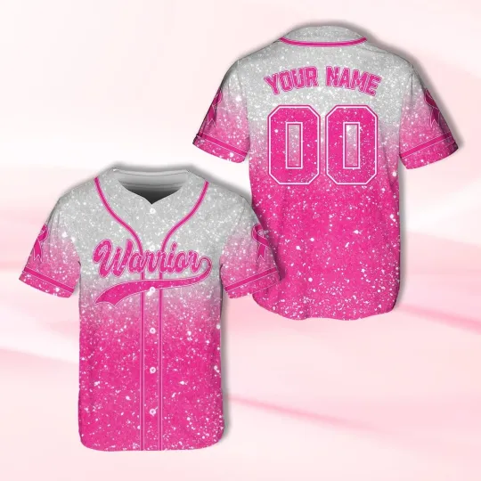 Personalized Glitter Pink Ribbon Breast Cancer Warriors Baseball Jersey Shirt
