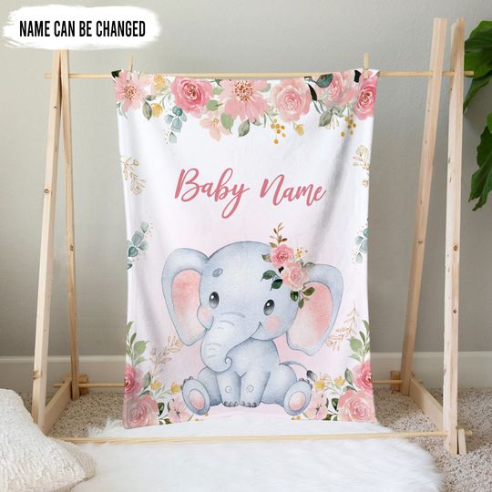 Personalized Baby Girl Blanket with Elephant and Floral Design, Newborn and Baby Gift