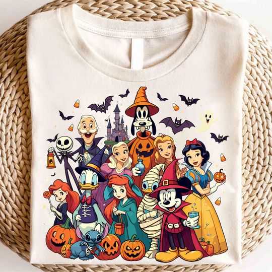 Disney princess Halloween T-Shirt, Pumpkins, spooky Mickey, Stitch, and friends