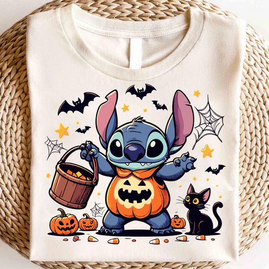Stitch Halloween T-Shirt, Pumpkin Alien Tshirt, Cute Trick or Treat Tee for Kids, Fall Spooky Season Outfit Tee
