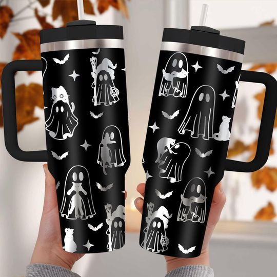 40 oz Spooky Ghost Tumbler with Handle, Halloween Ghosts Holding Cats, Gift for Cat Lovers
