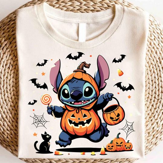 Stitch Halloween Shirt 2025, Pumpkin Trick or Treat Tee, Cute Spooky Lollipop Fall T-Shirt, Cartoon Halloween Shirt for Kids