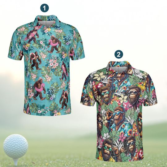Bigfoot Hawaiian Polo Shirt, Tropical Sasquatch Golf Polo