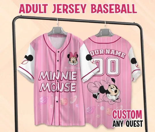 Personalized Cute Minnie Mouse Space Planet Pink Themed Baseball Jersey Shirt