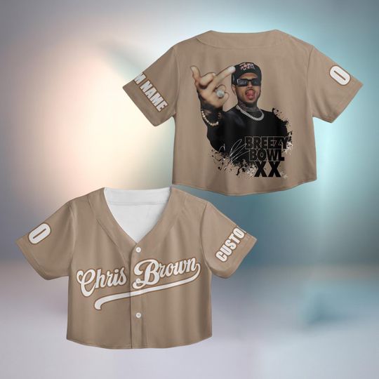 Chris Brown Breezy Bowl XX Crop Top Baseball Jersey, Custom Concert Tour Shirt, Beige Hip Hop Streetwear Top, Rapper Fan Gift
