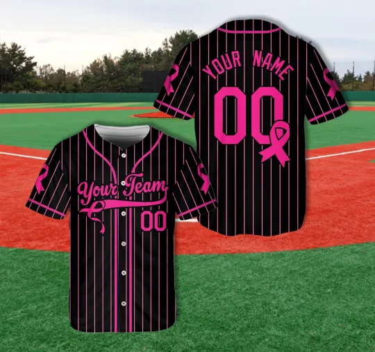 Personalized Pink Ribbon Breast Cancer Fighters Black Pink Baseball Jersey Shirt