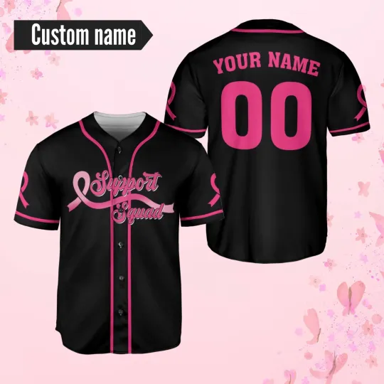 Personalized Pink Ribbon Support Squad Breast Cancer Baseball Jersey Shirt