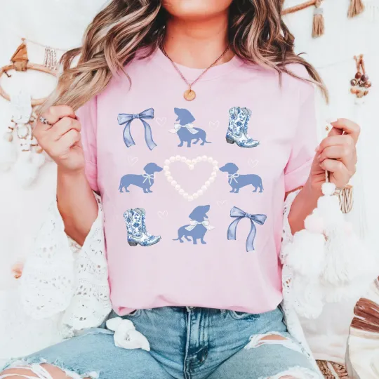Dachshund Shirt Weiner Dog Gifts Blue Coquette Toile Dachshund T-Shirt