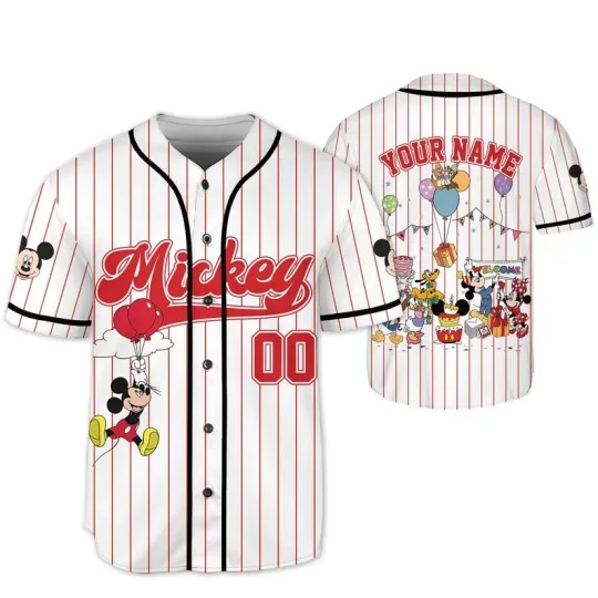Personalized Mickey & Friends With Balloons Birthday Party Baseball Jersey Shirt