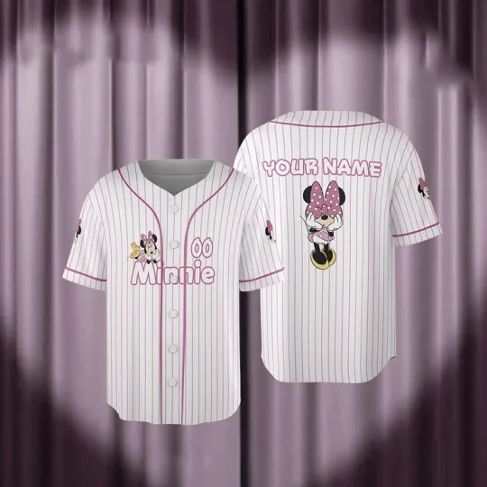 Personalized Cute Minnie Mouse Mickey & amp, Friends Striped Baseball Jersey Shirt
