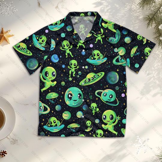 Cute Alien Hawaii Shirt, Space Galaxy Aloha Shirt, Summer Party Outfit