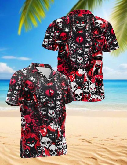 Scary Horror Skull Cat Halloween Hawaiian Shirt for Men Women, Creepy Red Black Gothic Aloha Shirt, Spooky Costume Beach Shirt