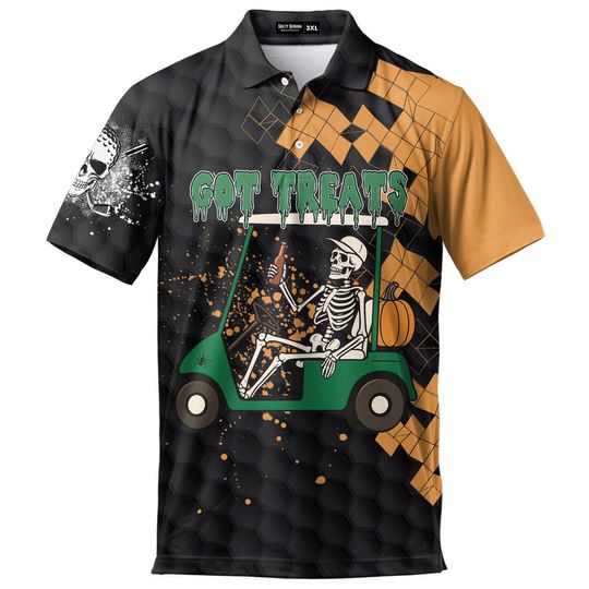 Funny Skull Halloween Golf Polo Shirt for Men Short Sleeve Button Up Skeleton Polo Shirt