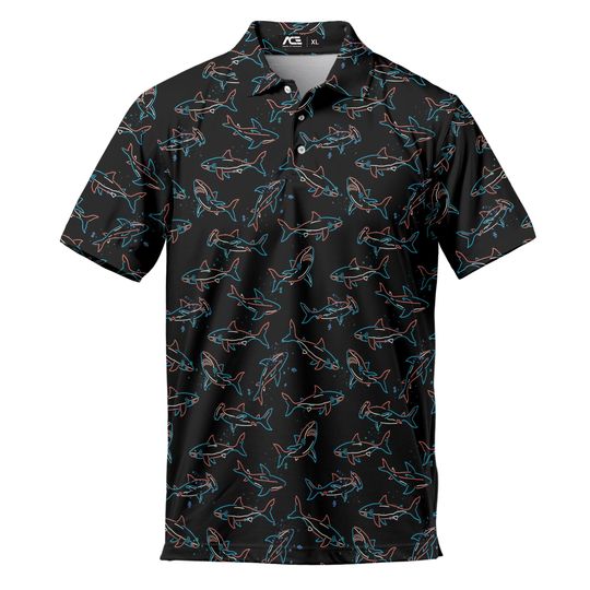 Shark Floral Men's Polo Shirt, Summer Short Sleeve Button-Up Golf Shirt