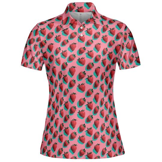Women's Pink Strawberry Print Short Sleeve Polo Shirt for Summer Cottagecore