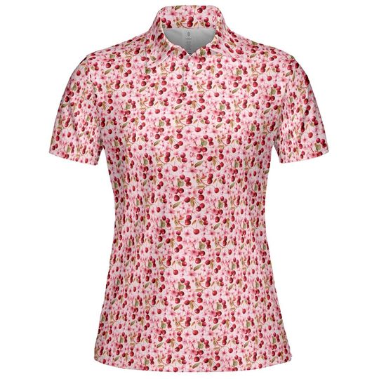 Women's Pink Floral Polo Shirt with Moisture-Wicking Short Sleeves for Spring and Summer