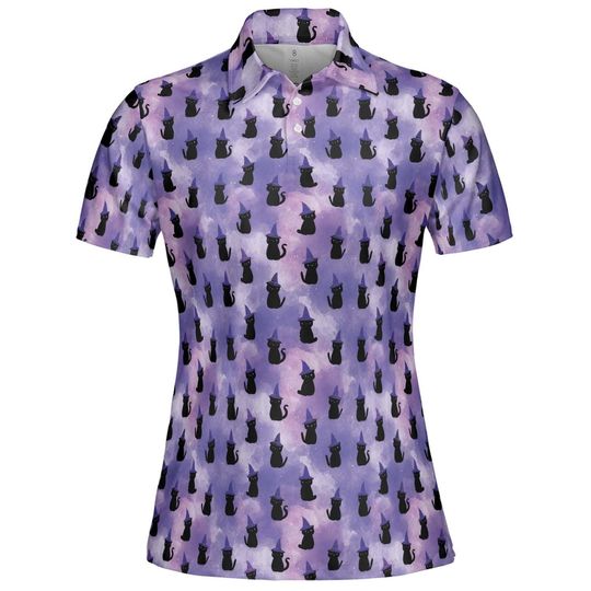 Women's Witch Cat Halloween Polo Shirt Purple Moisture-Wicking Short Sleeve Golf Top