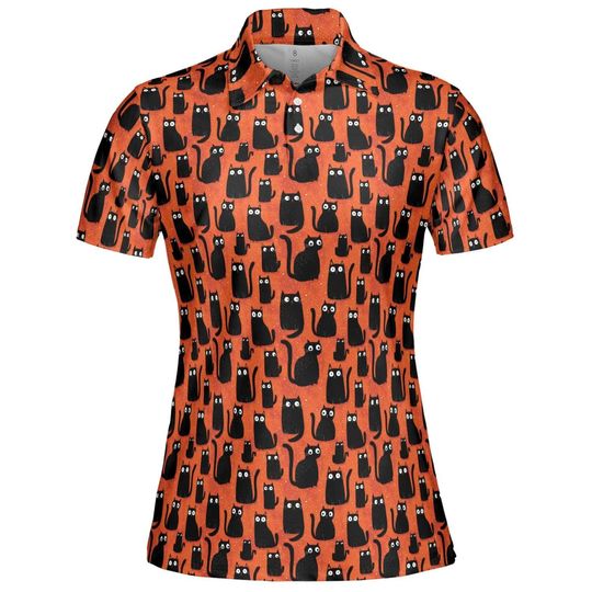 Women's Halloween Polo Shirt with Black Cat Design