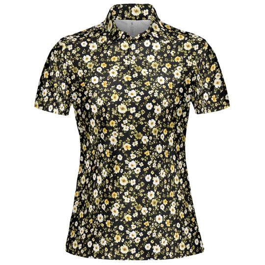 Women's Black Daisy Floral Polo Shirt, Short Sleeve, Moisture-Wicking, Spring/Summer Casual Golf Top