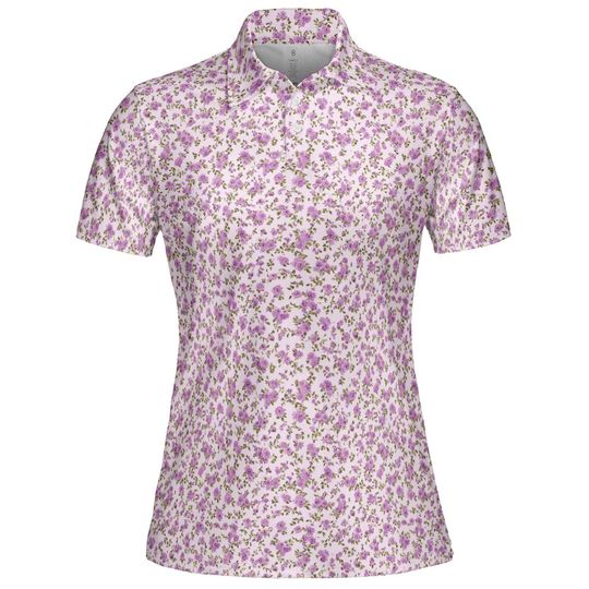 Lavender Floral Women's Polo Shirt, Light Purple Cottagecore Short Sleeve Golf Top for Spring Summer