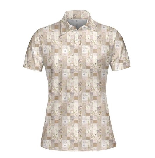 Women's Cottagecore Polo Golf Shirt with Floral Patchwork, Moisture-Wicking Short Sleeve Top