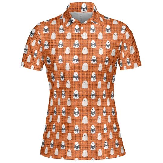 Women's Halloween Ghost Polo Shirt in Orange Plaid
