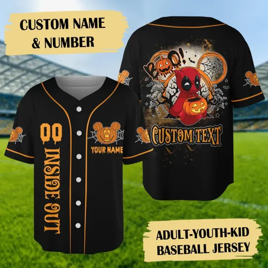 Personalized Deadpool Halloween Mickey Head Pumpkin Baseball Jersey Shirt