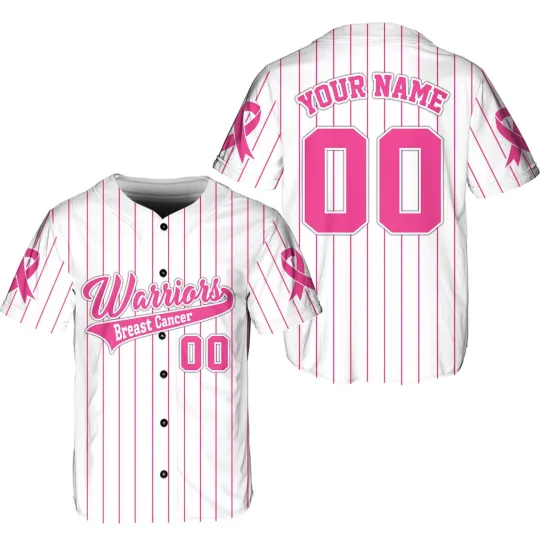 Personalized Warriors Breast Cancer Pink Ribbon Pink White Baseball Jersey Shirt