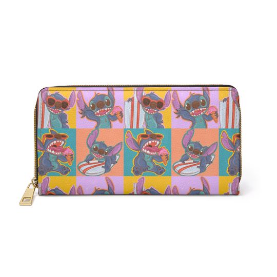 Blue Alien Summer PU Leather Zipper Wallet, credit card holder, money holder, purse, pouch, money purse, cute wallet, stitch, retro colors