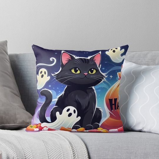 Midnight Cat & Candy Spirits – Cute Halloween Design Pillow