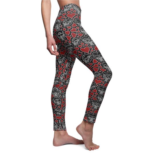Valentine's Skull Leggings, Heart Skull Leggings for Women