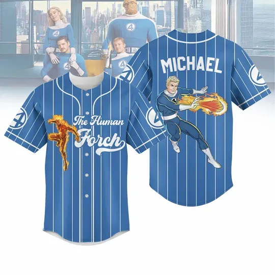 Custom Human Torch Baseball Jersey, The Fantastic Four First Steps Shirt, Marvel Studio Superhero Jersey, Disney Shirt