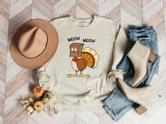 Meow Meow Turkey Sweatshirt, Funny Thanksgiving Pumpkin Shirt for Women