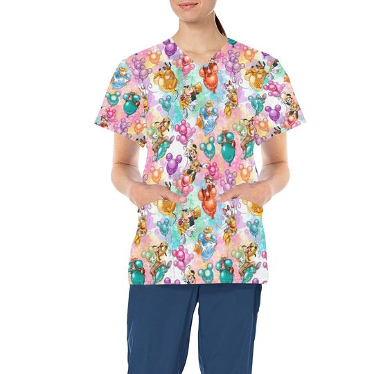 Mickey and Friends Balloons Scrub Top | Mickey Scrub Top | Minnie Scrub Top | Donald Duck Scrub Top | Disney Nurse | Disney Scrubs |