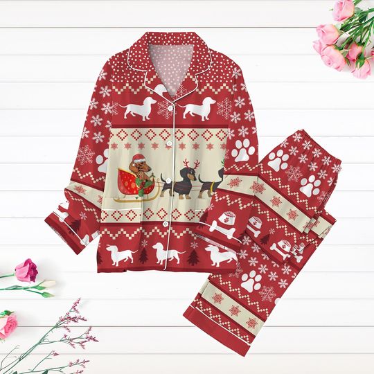 Christmas Dachshund Pajamas Set, Dog Lover Holiday Pajamas, Cute Pet Xmas Pajamas