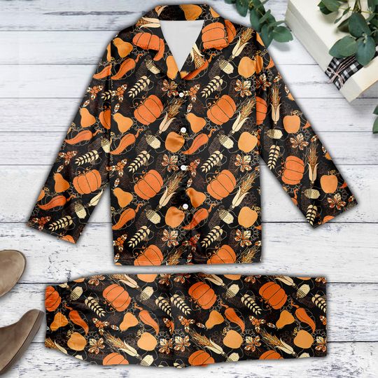 Retro Thanksgiving Pajamas Set, Fall Pumpkin Corn Loungewear