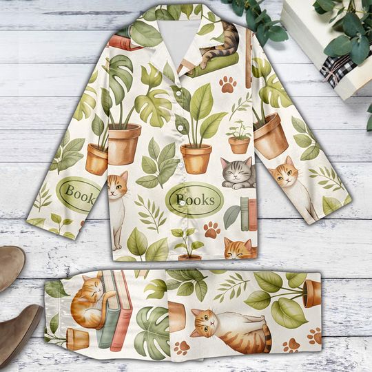 Cat Books and Plant Pajamas Set, Cozy Natural Cat Loungewear