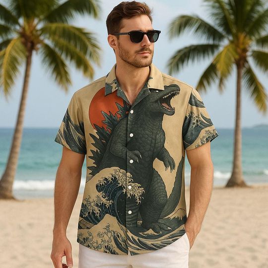 King of Monster god zilla Japanese Gojira Hawaiian Aloha Shirts, Summer gift for him, Vintage Hawaii Beach Shirt, Aloha Shirt,greatwave shirt