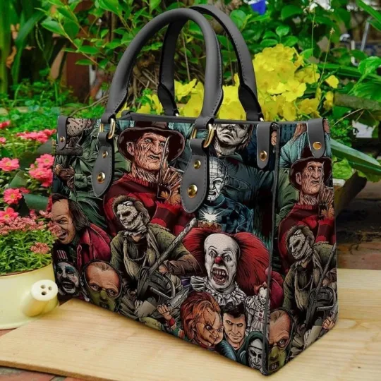 Halloween Horror Characters Leather Handbag, Spooky Women's Bag, Creepy Gift
