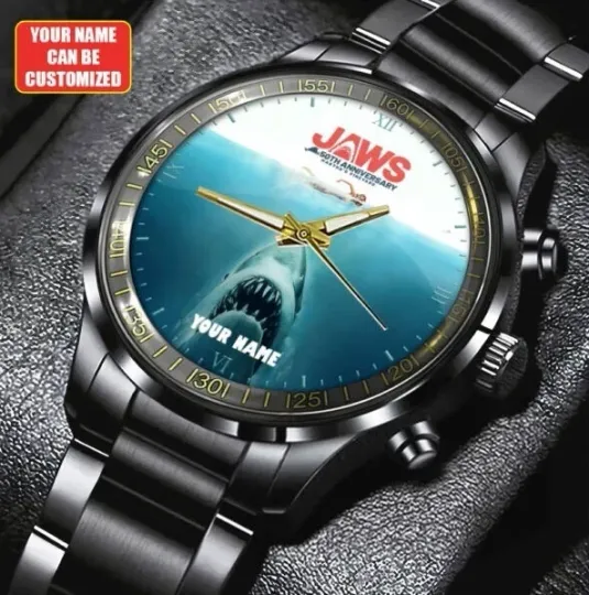 Personalized Jaws Black Stainless Steel Watch 50th Anniversary