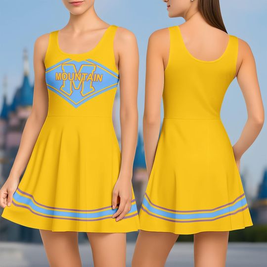 Girls Cheerleader Dress Costume, Yellow Blue Cheerleader Short Sleeve Dress for Kids And Women, Cute Cosplay Outfit for Party Halloween