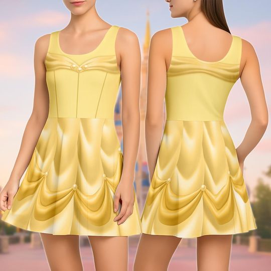 Disney Belle Costume Skater Dress, Beauty and the Beast Cosplay Dress, Disney Princess Cosplay Outfit, Halloween Disneybound Park Look