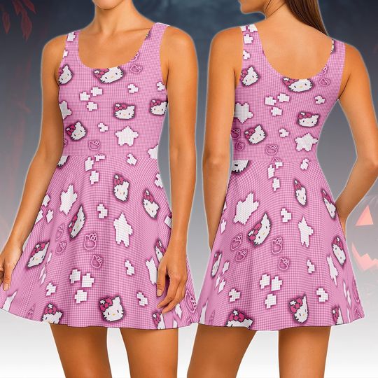 Hello Kitty Skater Dress, Cute Kawaii Pink Kitty Dress For Women, Cartoon Character Outfit, Summer Skater Dress, Halloween Gift