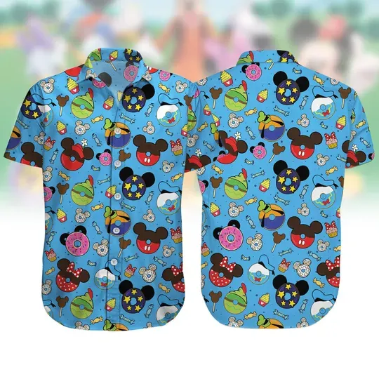 Disney Mickey Donuts Button Shirt, Mickey Snack Symbol Hawaiian Shirt, Donut, Ice Cream Aloha Hawaiian Shirt, Disneyland Family Matching Tee