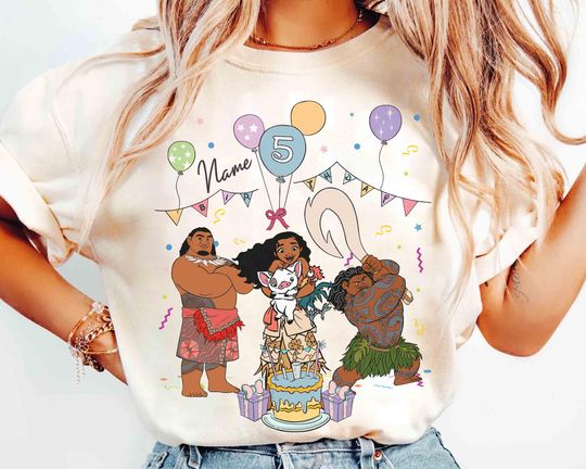 Personalized Disney Moana Birthday Balloon T-Shirt for Kids, Maui Hei Hei Pua Custom Name & Age