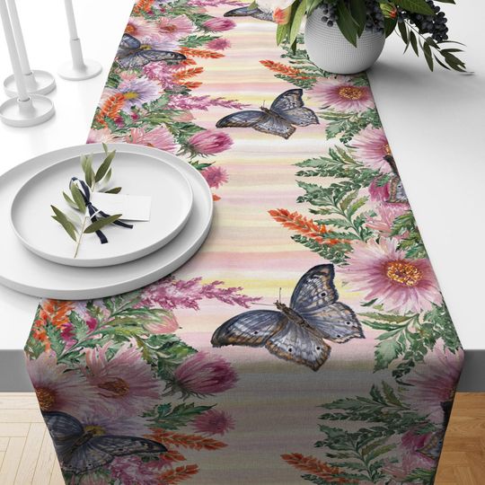 Butterfly Table Runner, Pink Floral Table Runner, Flowers Print Table Runner, Purple Table Runner
