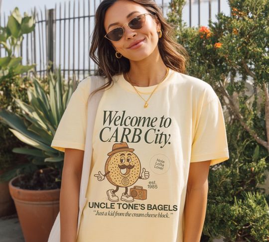 Carb City Bagel Shirt - Uncle Tone's Bagels Tee - Comfort Colors 1717 Unisex Funny Food Graphic - Vintage Style NYC Deli T-Shirt
