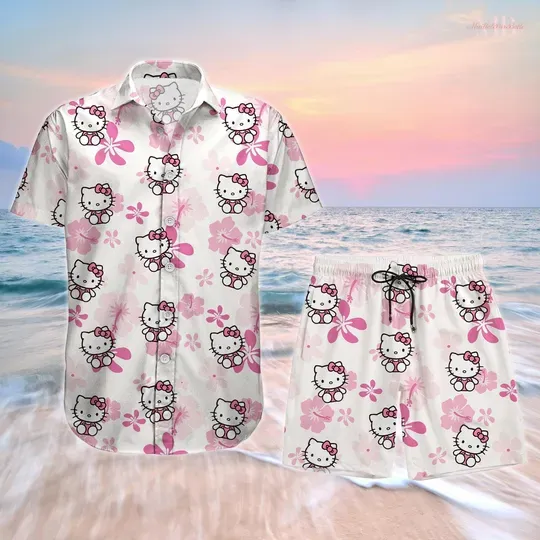 Hello Kitty Aloha Floral Hawaiian Shirt and Short, Kawaii Kitty Button Up Shirt And Shorts, Kuromi Friends Shirt Women, Cat Shirt For Men